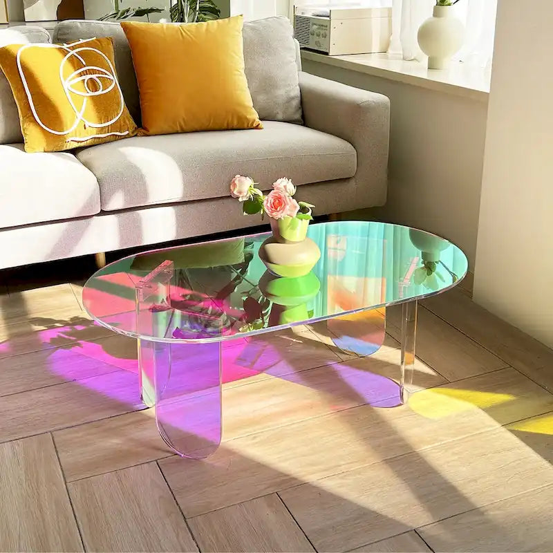 Bunter Couchtisch aus Acryl, schillernder Glas-Beistelltisch